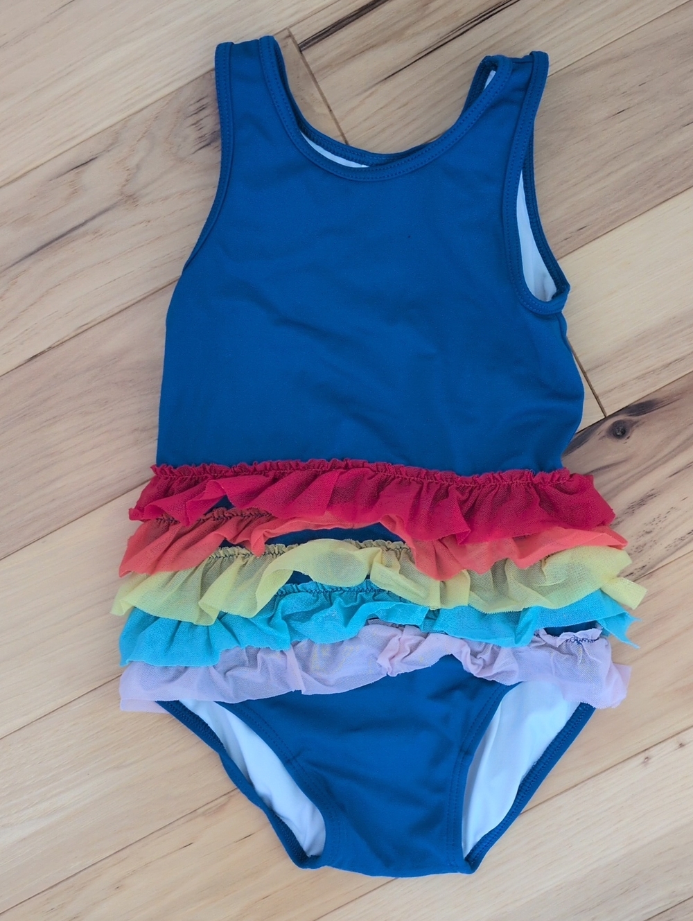 Hanna Andersson Blue One-Piece Swimsuit with Rainbow Ruffles
